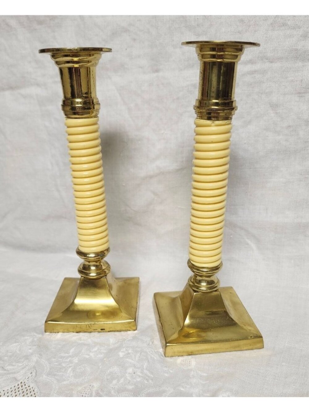 Vintage MCM Brass & Celluloid Candlestick Holders 8" Tall Elegant Design